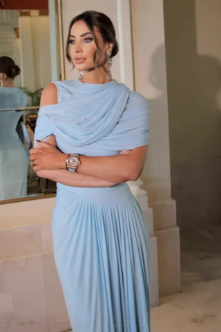 Asymmetrical Draped Mesh EveningLong Dress with Pleated Waist & Shoulder Wrap