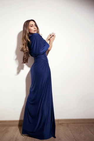 Asymmetrical Draped Mesh EveningLong Dress with Pleated Waist & Shoulder Wrap