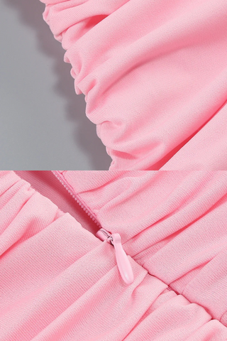 Pink Ruched Halter Neck Backless Off-Shoulder Flower Mini Dress