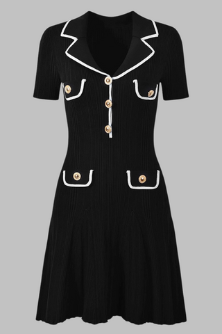 Pleated Knit  Lapel Collar Buttoned Pockets Mini Dress