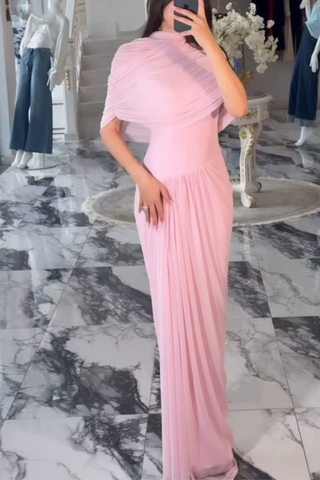 Asymmetrical Draped Mesh EveningLong Dress with Pleated Waist & Shoulder Wrap