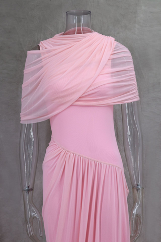 Asymmetrical Draped Mesh EveningLong Dress with Pleated Waist & Shoulder Wrap