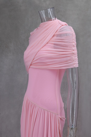 Asymmetrical Draped Mesh EveningLong Dress with Pleated Waist & Shoulder Wrap