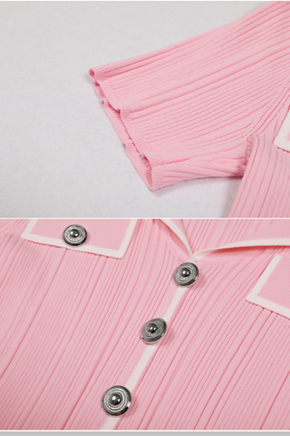 Pleated Knit  Lapel Collar Buttoned Pockets Mini Dress