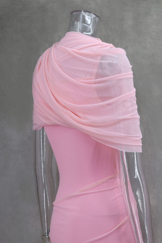 Asymmetrical Draped Mesh EveningLong Dress with Pleated Waist & Shoulder Wrap