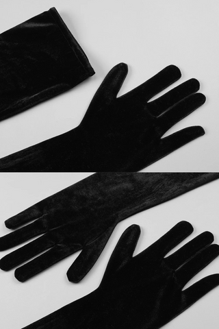 Retro Black Velvet Strapless Long Dress with Rhinestone Bust and Matching Gloves