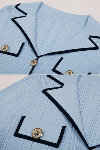Pleated Knit  Lapel Collar Buttoned Pockets Mini Dress