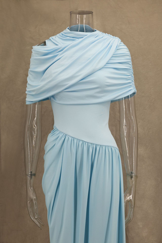 Asymmetrical Draped Mesh EveningLong Dress with Pleated Waist & Shoulder Wrap