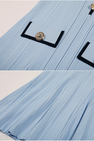 Pleated Knit  Lapel Collar Buttoned Pockets Mini Dress