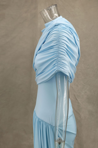 Asymmetrical Draped Mesh EveningLong Dress with Pleated Waist & Shoulder Wrap