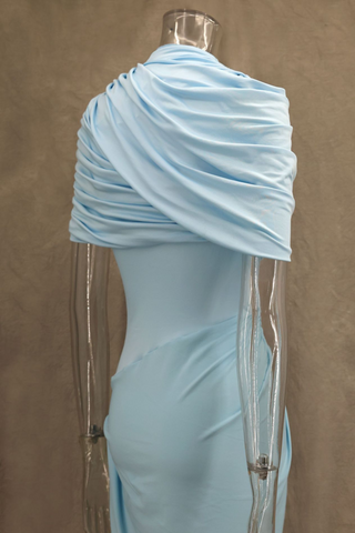 Asymmetrical Draped Mesh EveningLong Dress with Pleated Waist & Shoulder Wrap