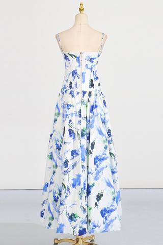 Floral Strapless High Slit Long Dress with Ruched Bodice