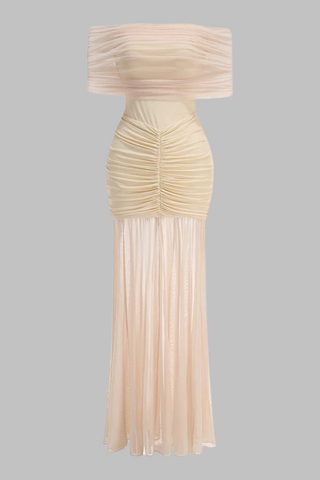 Cream Off-Shoulder Mesh Long Dress with Adjustable Sheer Overlay