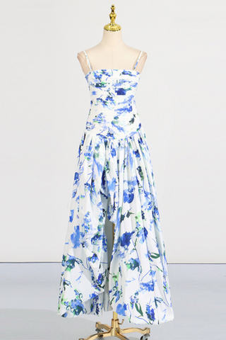 Floral Strapless High Slit Long Dress with Ruched Bodice