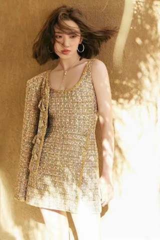 Tweed Luxe Pearl Button Mini Dress – Rose &  Gold Edition