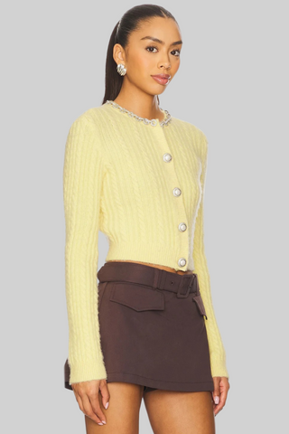 Butter Yellow Long Sleeve Cable Knit Cardigan with Crystal Collar and Pearl Buttons