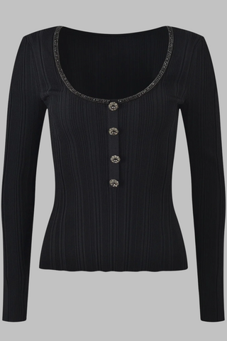 Ribbed Elastic Slim Fit U-Neck Long Sleeve Top with Rhinestone Trim