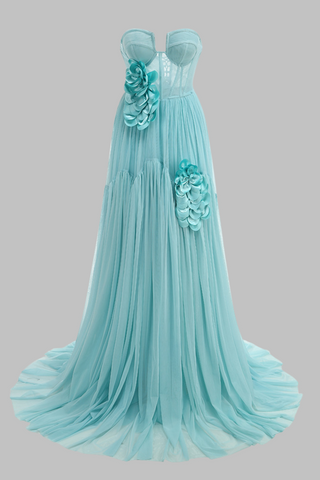 Aqua Tulle Strapless Corse Long Dress with Flower Appliqués and Lace-Up Back