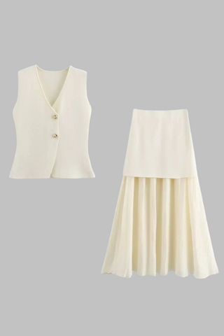 Summer Buttoned Knit Vest & Pleated Long Skirt Set