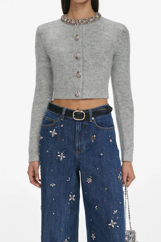 Short Knit Cardigan with Jewel-Embellished Round Neck and Buttons