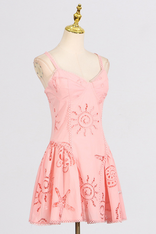 Sun Embroidered Sleeveless  Eyelet Mini Dress