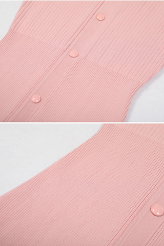 Short Sleeve Pearl Collar Ribbed Knit Midi Dress – Button Front