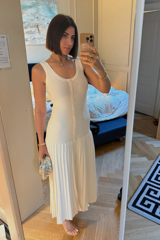 Sleeveless Ribbed Knit Long  Dress with Button-Front & Flared Hem