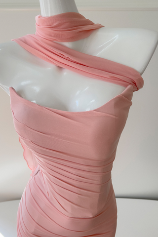 Dusty Rose Draped Mesh Strapless Set with Convertible Scarf & Fishtail Maxi Skirt