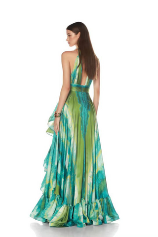Emerald Ocean Breeze Plunge Halter  Long Dress with Cascading Ruffle Skirt