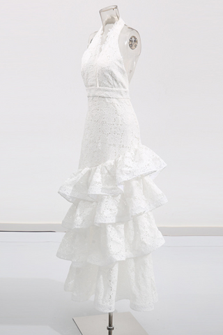 Ivory Bloom Lace Halter Tiered Backless Ruffled  Long Dress