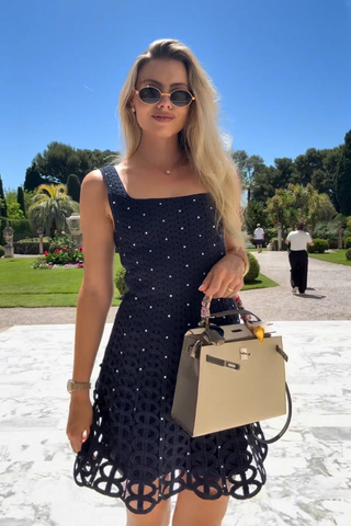 Navy Beaded Hollow Crochet Knit Mini Dress with Crystal Embellishments and Square Neckline