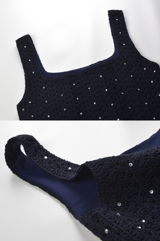 Navy Beaded Hollow Crochet Knit Mini Dress with Crystal Embellishments and Square Neckline
