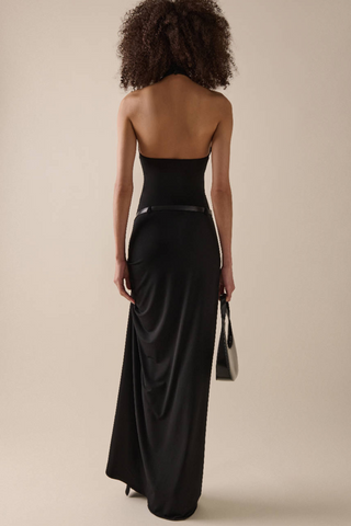 Sculpted Halter-Neck Belted Slit  Long Dress