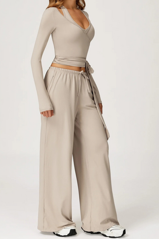 3-Piece Sport Wrap Lounge Set with Long Sleeve Crop Top, Halter Tank, and Wide-Leg Pants