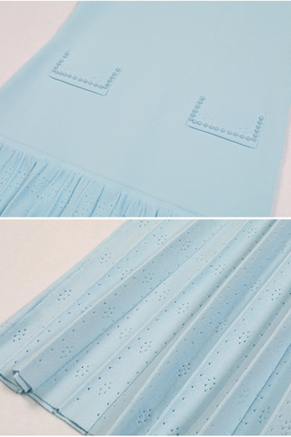 Sleeveless Knit Long Dress with Pearl Trim and Pleated Skirt