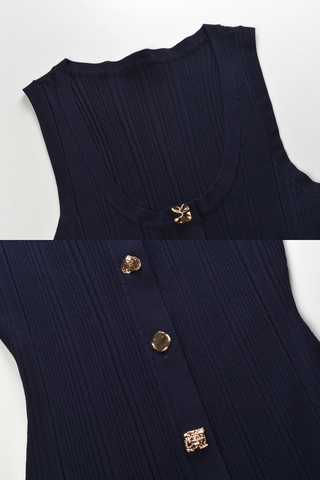 Elegant Navy U-Neck Sleeveless Ribbed Knit Long Dress with Gold Button Front & Flared Hem