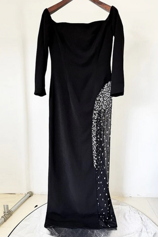 Off-Shoulder Long Sleeve Long Dress with Crystal-Embellished Sheer Panel