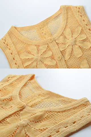 Sunflower Lace Embroidered Hollow Knit Sleeveless Button Up Top & Flared Pants Set