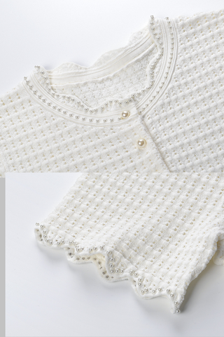 Pearl-Trimmed Textured Knit Two-Piece Set  Cropped Top & A-Line Skirt