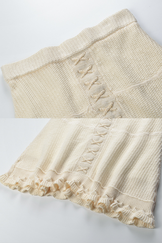 Ivory Crochet Knit Camisole & Lace-Up Skirt Set – Scalloped Straps, Ruffle Hem