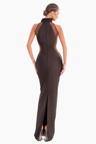 Chocolate Brown Halter Neck Long Dress – Sculpted Bodycon Gown with Braided Trim