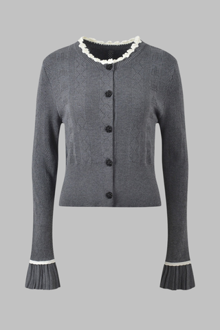 Charcoal Gray Three-Piece Knitted Set with White Floral Trim – Cardigan, Top & Pleated Mini Skirt
