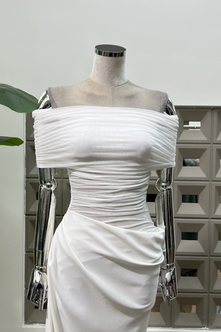 Ivory Mesh Off-Shoulder Draped Long Dress with Side Ruching