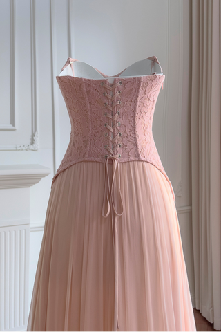 Romantic Blush Lace-Up Corset Maxi Dress with Sweetheart Neckline & Flowing Pleated Skirt