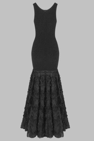 Glamorous Black Mermaid Long Dress Sleeveless Scoop Neck, Glitter Knit Bodice with 3D Rosette Feathered Skirt