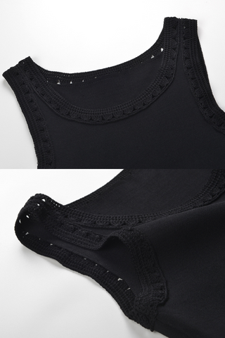 Boho Chic Black Knit Midi Dress with Crochet Detailing & Long Fringe