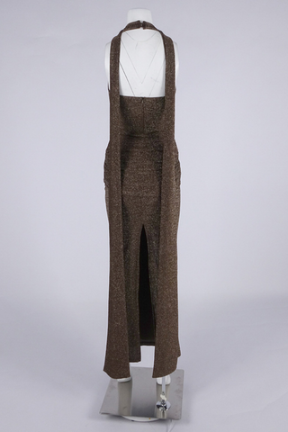 Coffee Metallic Halter Long Dress Backless Slim Fit with Waist Tie Detail