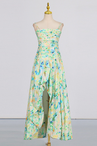 Floral Strapless High Slit Long Dress with Ruched Bodice