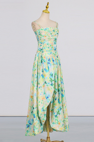 Floral Strapless High Slit Long Dress with Ruched Bodice