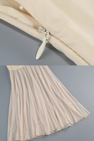 Cream Off-Shoulder Mesh Long Dress with Adjustable Sheer Overlay
